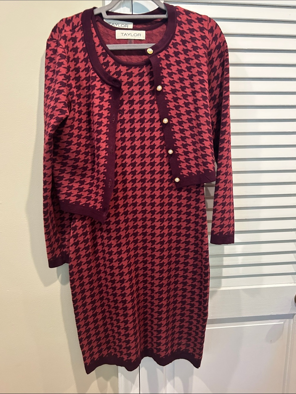 Taylor Burgundy and Red Houndstooth Knit Dress with Matching Cardigan